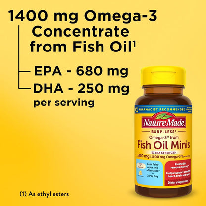 Nature Made Extra Strength Burp Less Omega 3 Fish Oil 1400 mg Minis, Fish Oil 60 Softgels