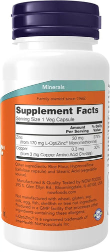 NOW Supplements, L-OptiZinc® 30 mg with Copper, Highly Bioavailable Form, Immune Support*, 100 Veg Capsules NOW