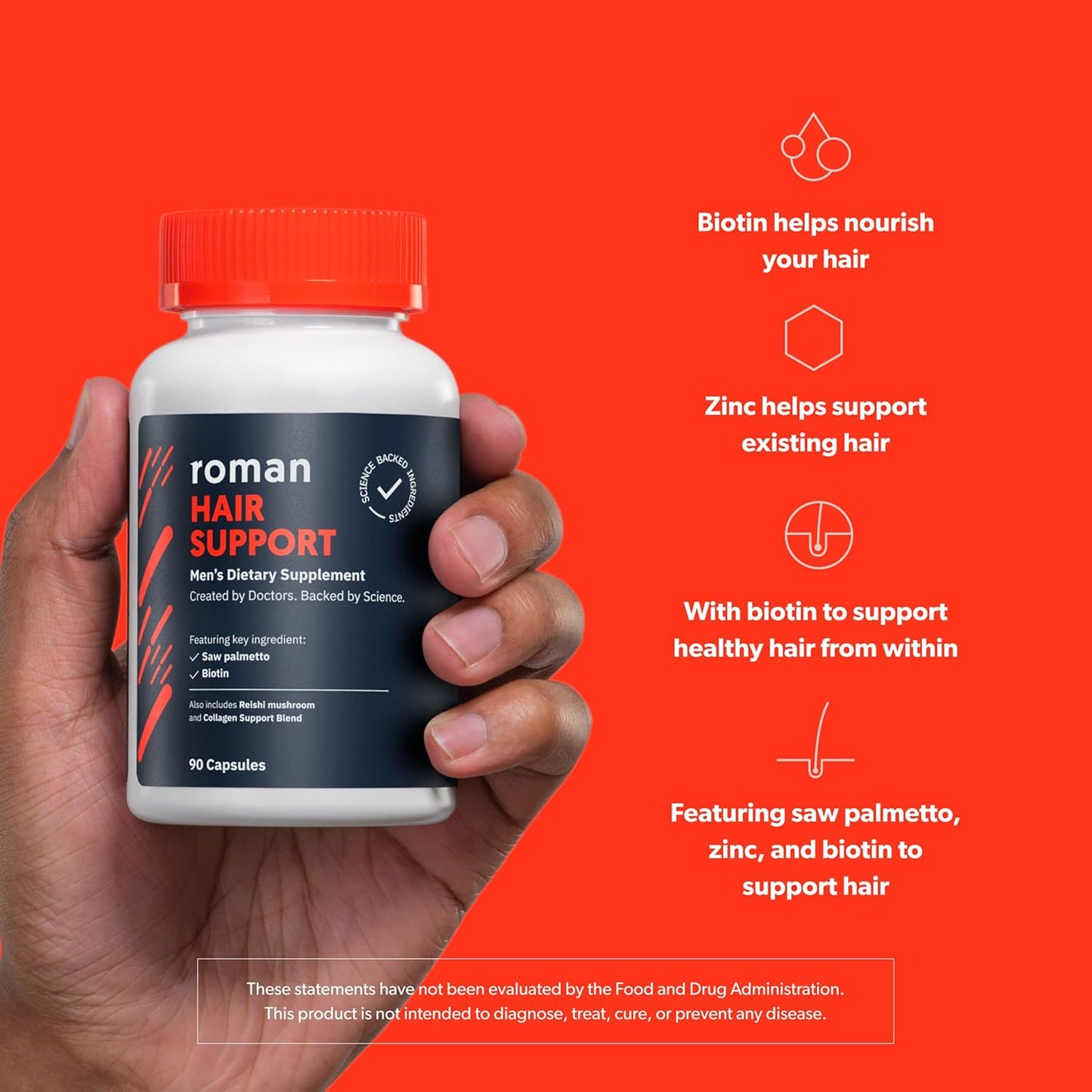 Roman: Hair Support Supplement for Men | with Saw Palmetto, zinc, and biotin to Help Support and Nourish Hair | 30-Day Supply (90 Capsules)