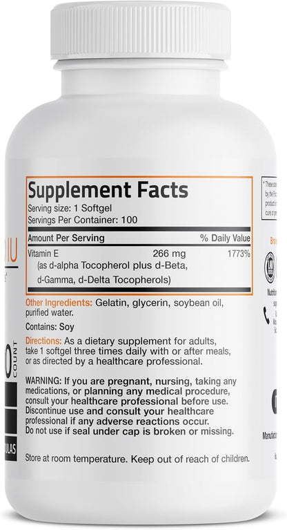 Bronson Natural Vitamin E Complex Supplement 400 I.U. (80% D-Alpha Tocopherol), Natural Antioxidant, 100 Softgels