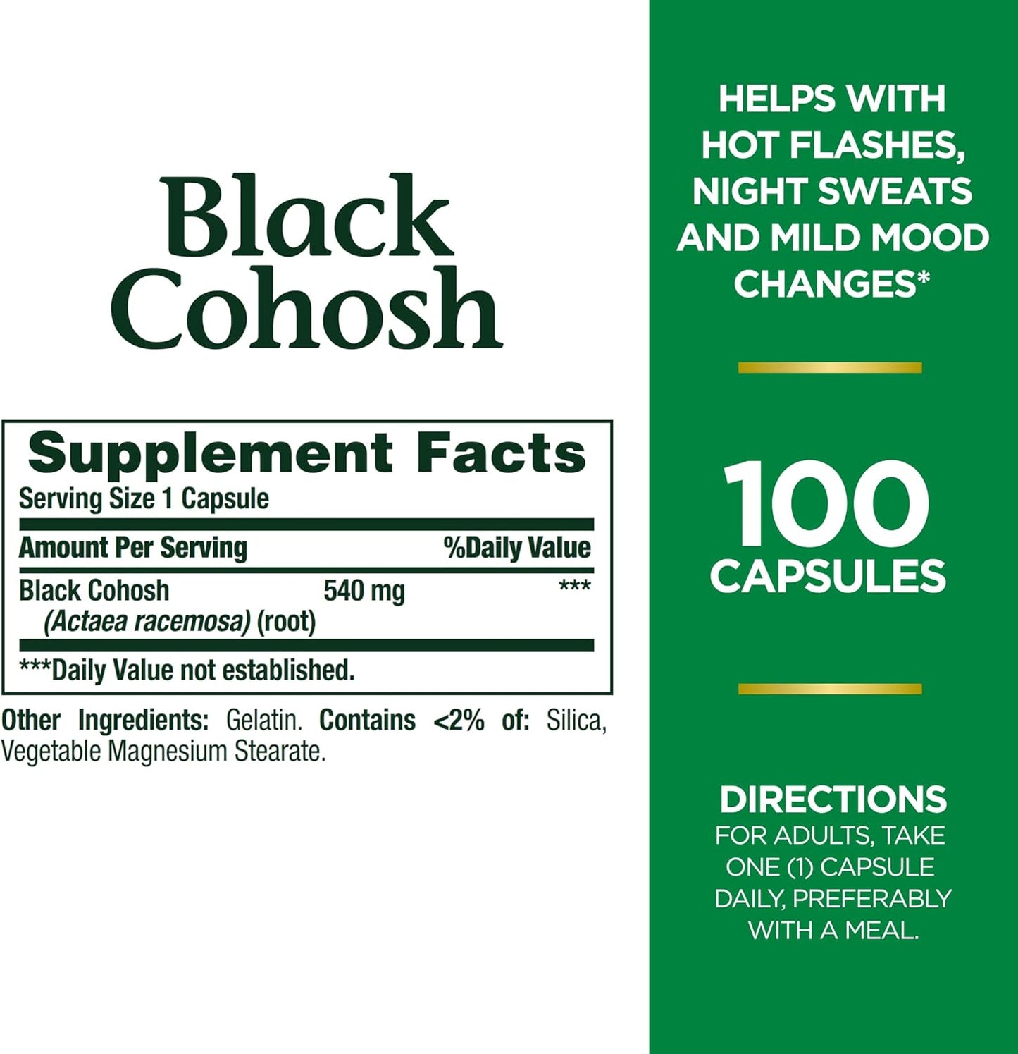 Nature's Bounty Black Cohosh Root Pills and Herbal Health Supplement, Natural Menopausal Support, 540 mg, 100 Capsules