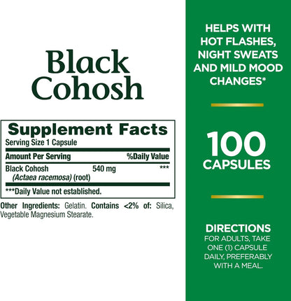 Nature's Bounty Black Cohosh Root Pills and Herbal Health Supplement, Natural Menopausal Support, 540 mg, 100 Capsules