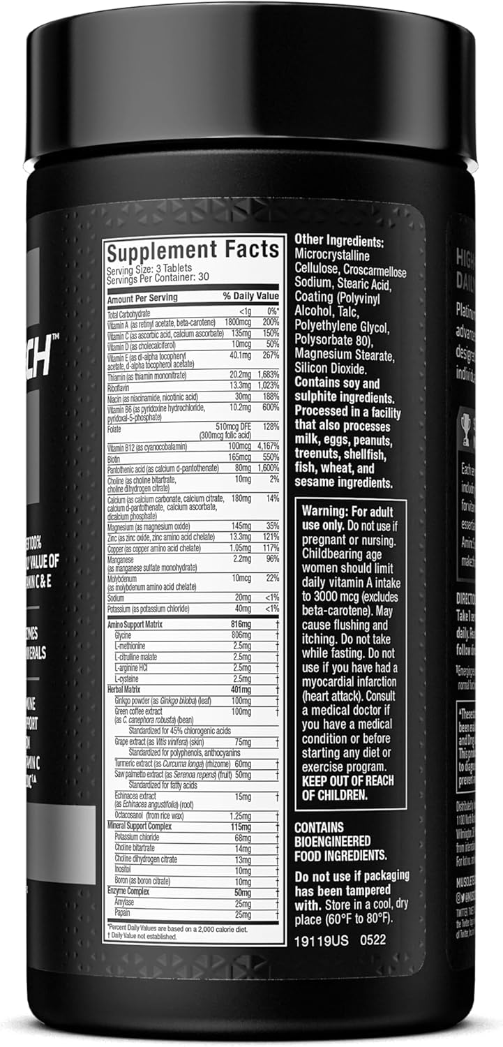 MuscleTech Platinum Multivitamin for Immune Support 18 Vitamins & Minerals Vitamins A C D E B6 B12 Daily Workout Supplements for Men 90 Ct