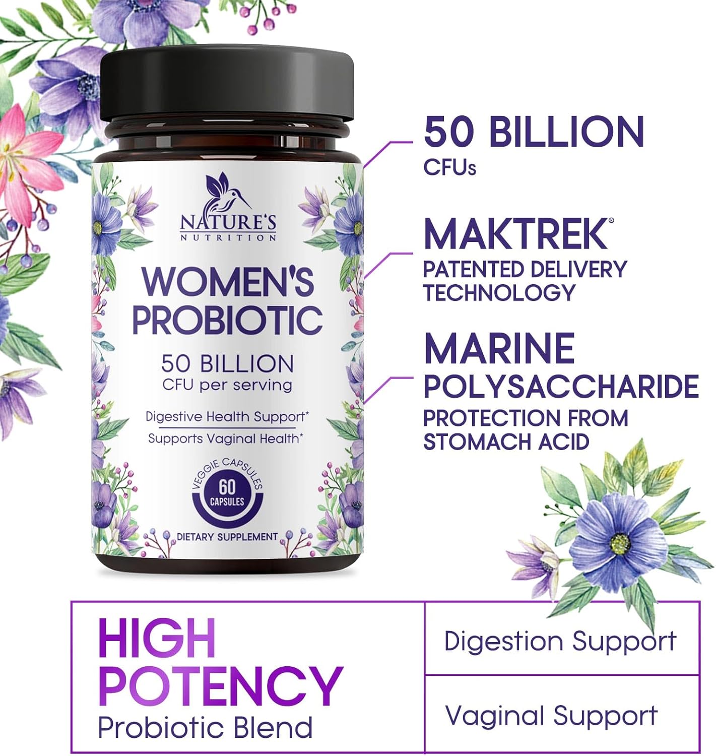 Nature's Nutrition Women's Probiotics 50 Billion CFU Guaranteed, Vegan Strains, Supports Women's Digestive, Immune, Vaginal, & Urinary Health, Delayed Release  - 60 Capsules