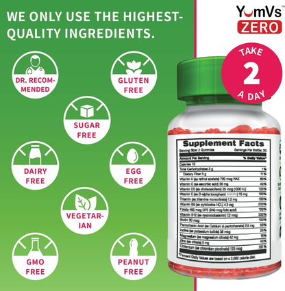 YumVs Diabetic Multivitamin Gummies | Sugar Free Diabetes Supplement Vitamins for Women & Men | Chromium, Thiamine and Magnesium | Natural Raspberry Flavor Chewables - 60 Count