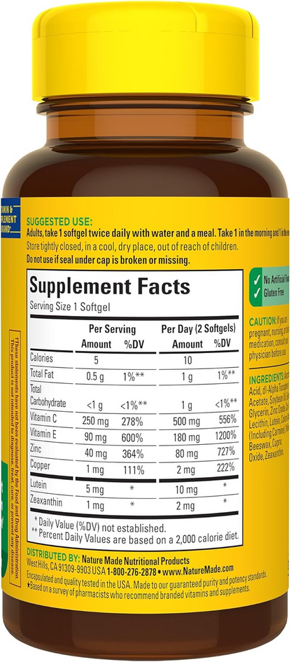 Nature Made Vision with AREDS 2 Formula, Eye Vitamins with Lutein & Zeaxanthin, Vitamin C/ E, Zinc, and Copper, Helps Support Healthy Vision and Eye Function, 60 Softgels