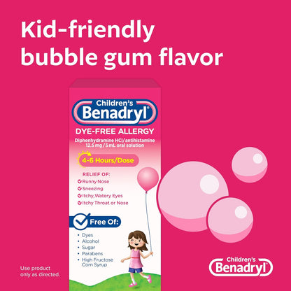 Children's Benadryl Dye-Free Allergy Liquid, Bubble Gum Flavor, 4 fl oz