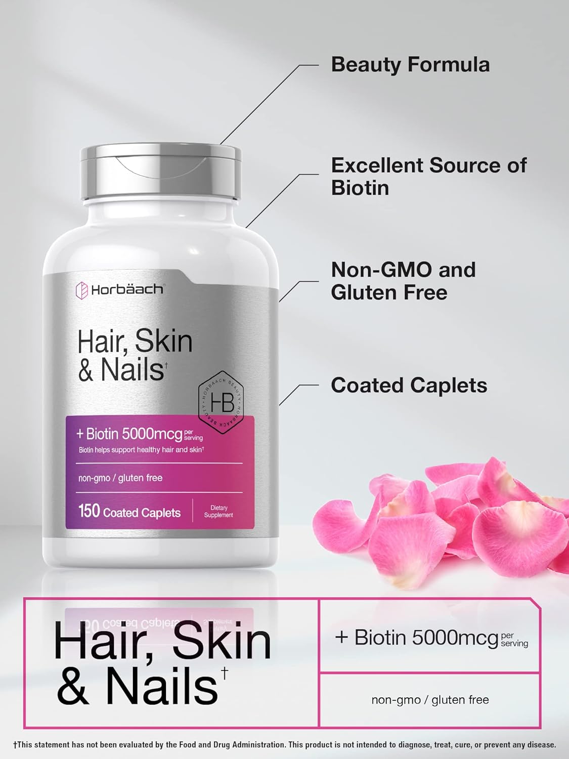 HORBAACH Hair Skin and Nails Vitamins | 150 Caplets | with Biotin and Collagen | Supplement for Women and Men