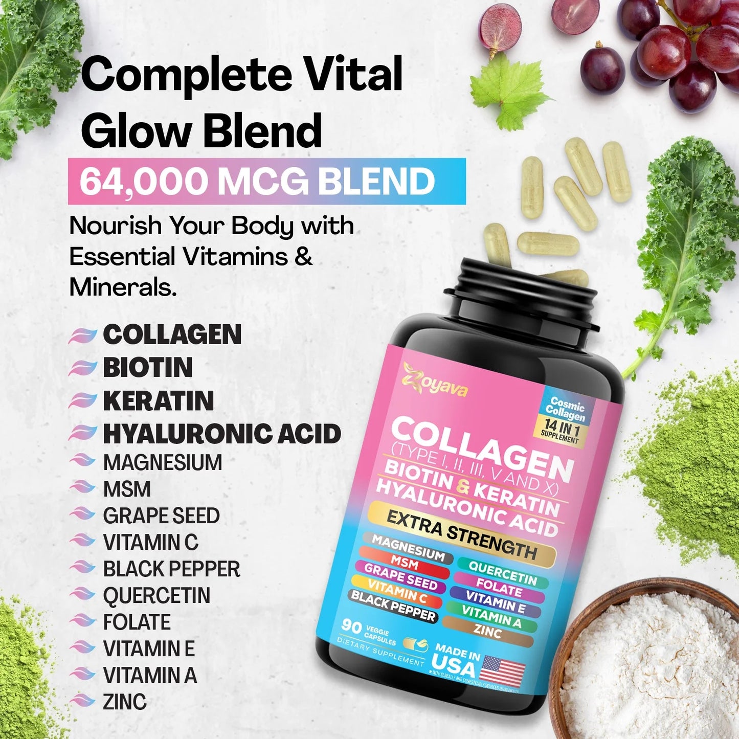 Zoyava Collagen For Women & Men Capsules Peptides Type I II III V X 64,000 MCG Biotin - 90ct