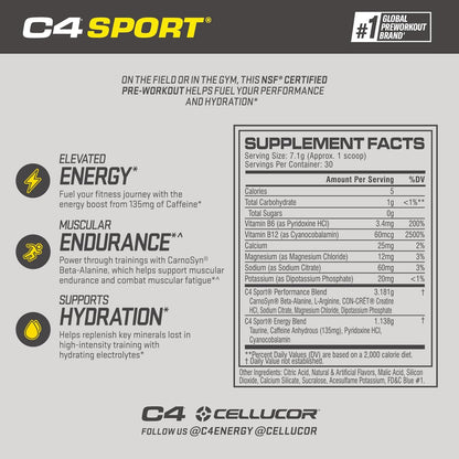 C4 Sport Pre Workout Powder Blue Raspberry - Pre Workout Energy with 3g Creatine Monohydrate + 135mg Caffeine and Beta-Alanine Performance Blend - NSF Certified for Sport | 30 Servings