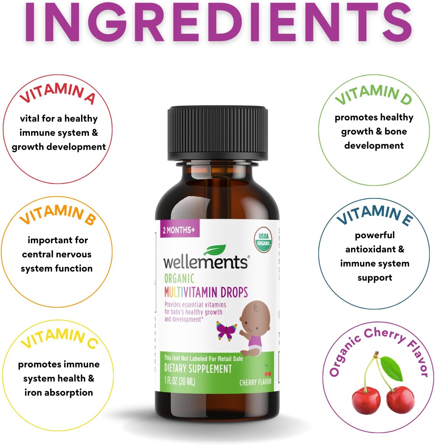 Wellements Organic Multivitamin Drops, 1 Fl Oz, Baby Liquid Vitamin Supplement for Infants & Toddlers, Provides Daily dose of Vitamins A,B,C,D & E.* No Artificial Colors or Unnecessary Preservatives