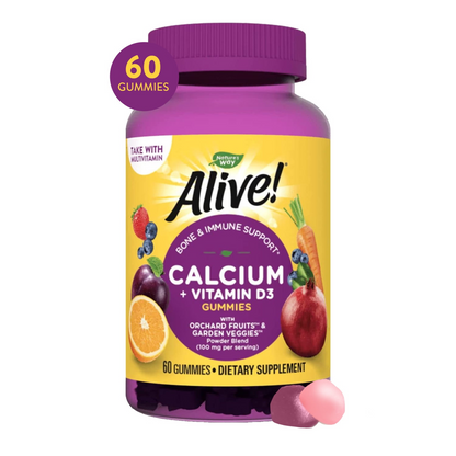 Nature's Way Alive Premium Calcium + D3 Gummies, Supports Healthy Bones & Muscles*, Strawberry and Raspberry Lemonade Flavored, 60 Gummies
