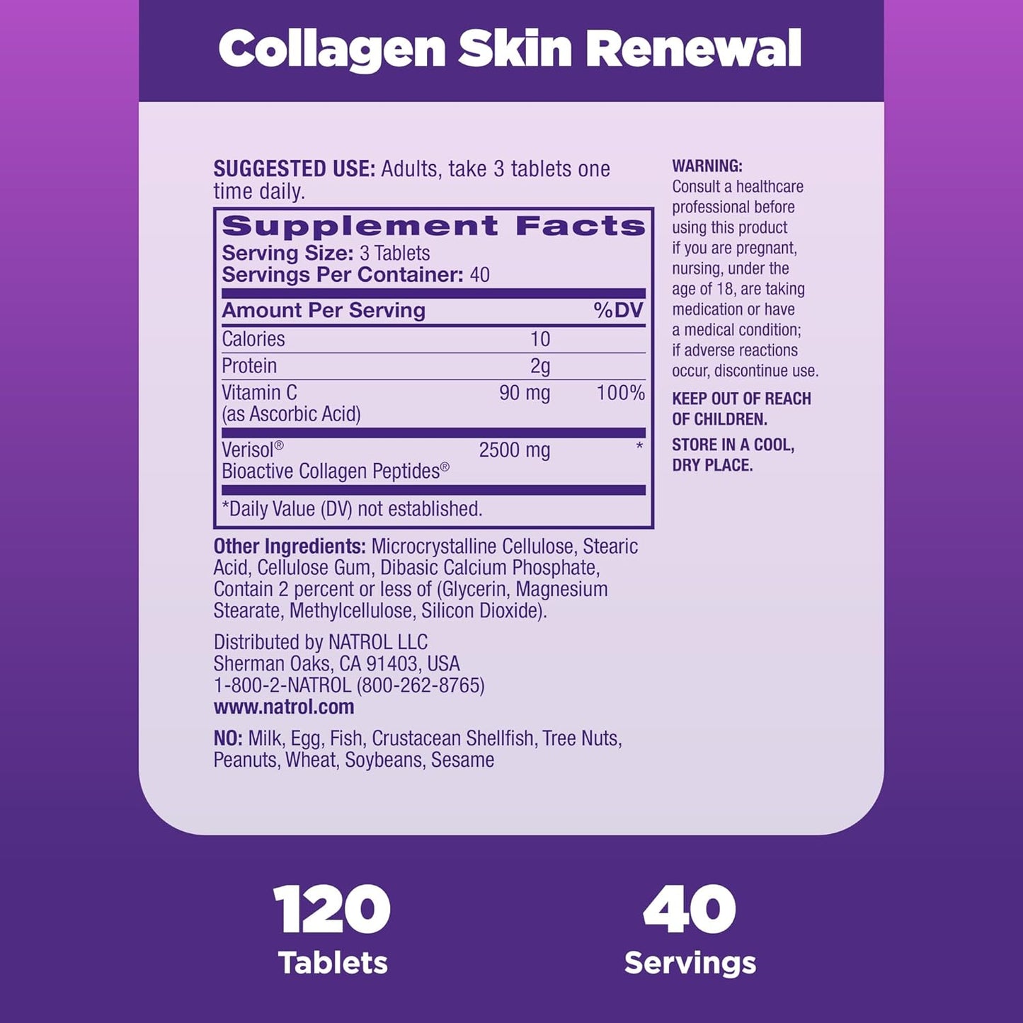 Natrol, Collagen Skin Renewal Tablets, Dietary Supplement, 120 Count