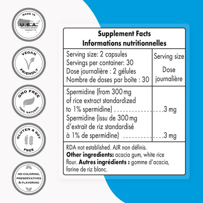 Supersmart - Spermidine 3 mg per Day - Powerful Anti Aging Supplement - Boosts Autophagy | Non-GMO & Gluten Free - 60 Vegetarian Capsules