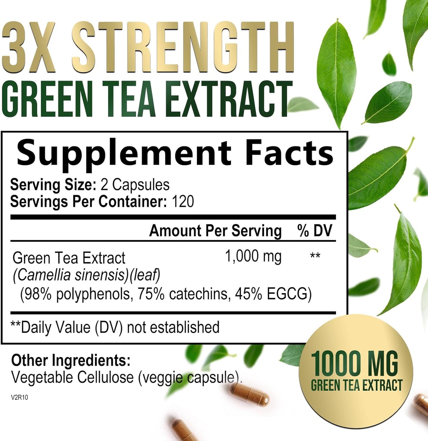 Nature's Nutrition Green Tea Extract Capsules 98% Standardized EGCG 1000mg - 3X Strength for Natural Energy - Heart Support with Polyphenols - Gentle Caffeine - 240 Capsules