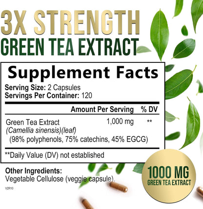 Nature's Nutrition Green Tea Extract Capsules 98% Standardized EGCG 1000mg - 3X Strength for Natural Energy - Heart Support with Polyphenols - Gentle Caffeine - 240 Capsules