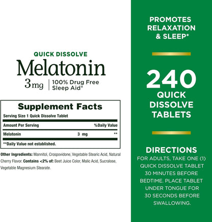Nature's Bounty Melatonin 3mg, 100% Drug Free Sleep Aids for Adults, Supports Relaxation and Sleep, Dietary Supplement, 240 Count