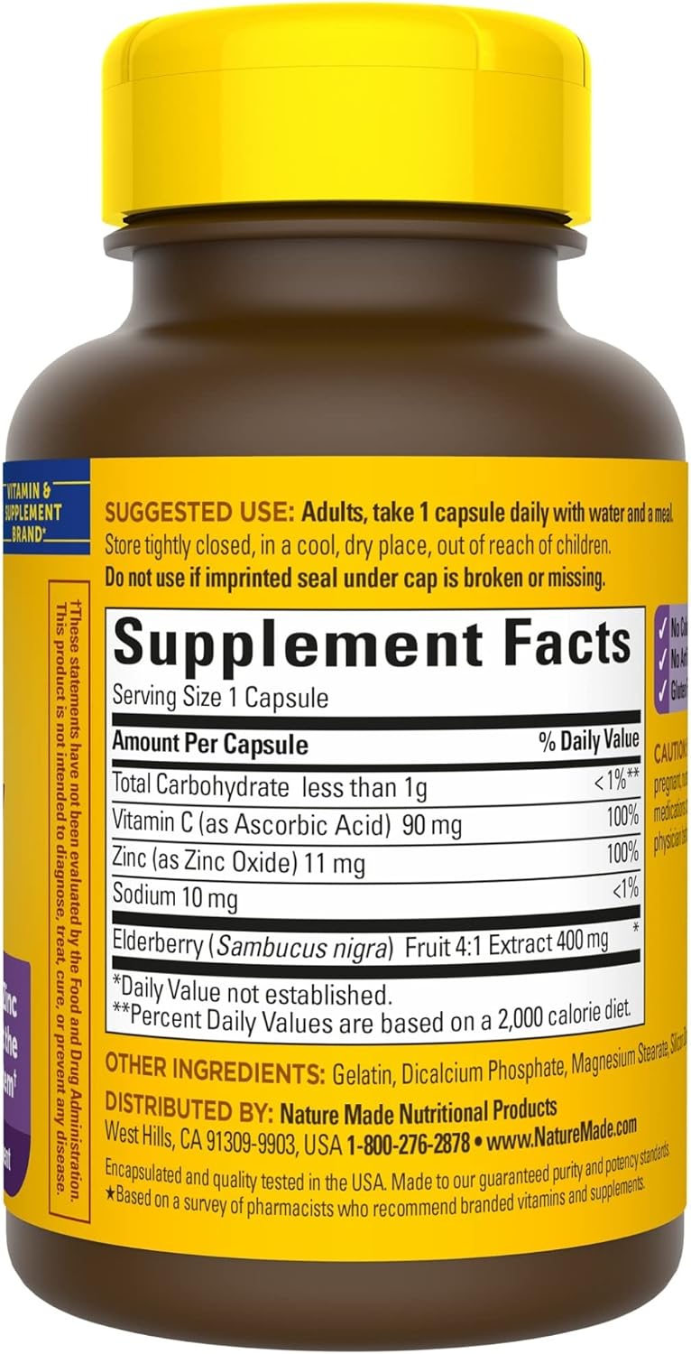 Nature Made Elderberry 400 mg Extract with Vitamin C and Zinc, 60 Capsules