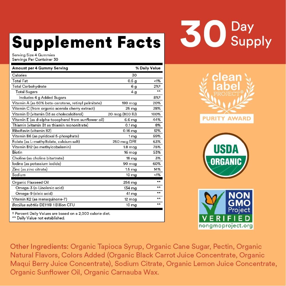 SmartyPants Organic Kids Multivitamin Gummies: Probiotics, Omega 3 (ALA) Three Fruit Flavors, 120 Count