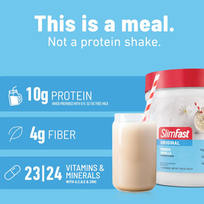 SlimFast Meal Replacement Powder, Original French Vanilla, 10g of Protein, 22 Servings, 20.2 oz