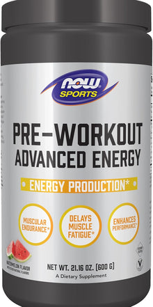 Pre-workout supplement container with NOW Sports branding on a white background