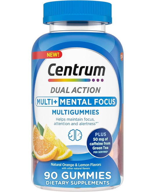 Centrum MultiGummies Multi+ Dual Action Mental Focus Adult Multivitamin with Caffeine from Green Tea, Supports Mental Focus, Attention and Alertness, Lemon/Orange Flavors - 90 Count