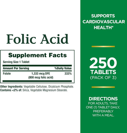 Nature's Bounty Folic Acid 800 mcg Tablets Maximum Strength 250 ct