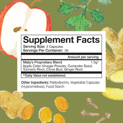 MATY'S Acid& Indigestion Relief Capsules Safe & Effective, All Natural Heartburn Antacid Alternative Made with Apple Cider Vinegar, Ginger & Turmeric  60 Count (30 Servings)