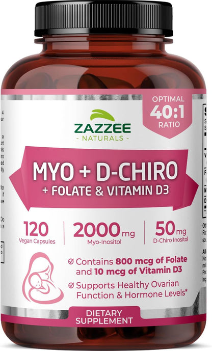 Zazzee Naturals Myo-Inositol + D-Chiro, with Folate (5-MTHF) + D3, 120 Vegan Capsules