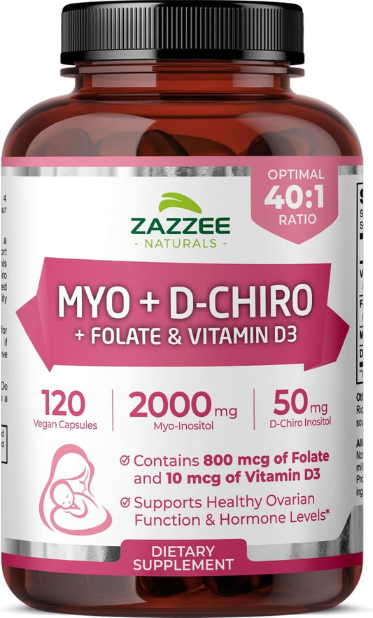 Zazzee Naturals Myo-Inositol + D-Chiro, with Folate (5-MTHF) + D3, 120 Vegan Capsules