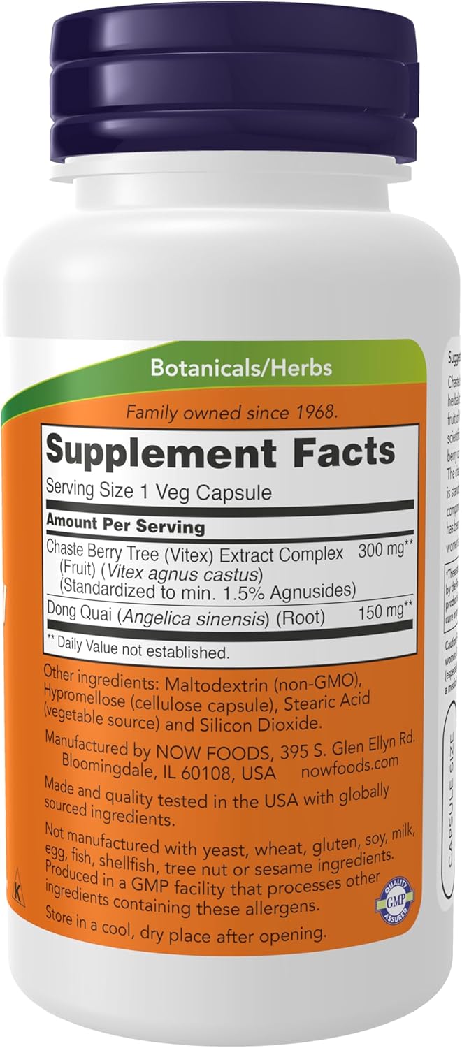 NOW Supplements, Chaste Berry Vitex Extract 300 mg with Dong Quai, 90 Veg Capsules