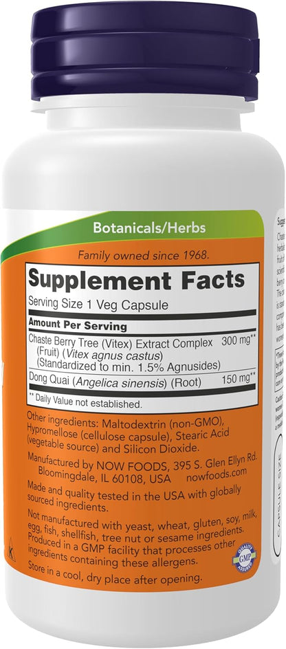 NOW Supplements, Chaste Berry Vitex Extract 300 mg with Dong Quai, 90 Veg Capsules