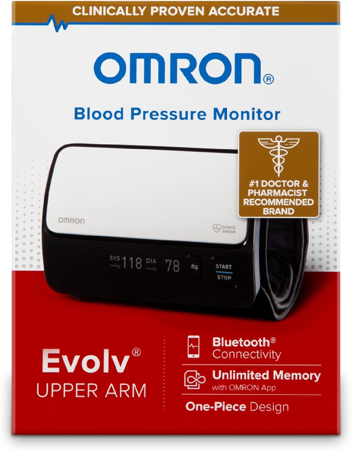 OMRON Evolv Bluetooth Wireless Upper Arm Blood Pressure Monitor with Portable, One-piece Design – Works with Alexa