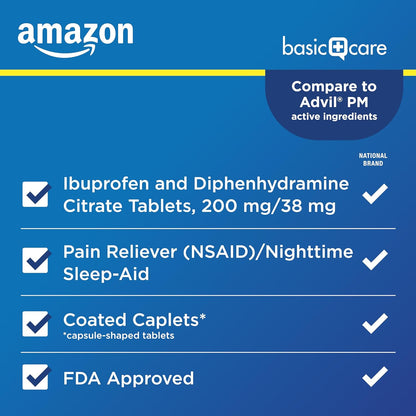 Amazon Basic Care Ibuprofen PM, Ibuprofen 200 mg and Diphenhydramine Citrate 38 mg Tablets, Pain Reliever and Nighttime Sleep-Aid, 120 Count