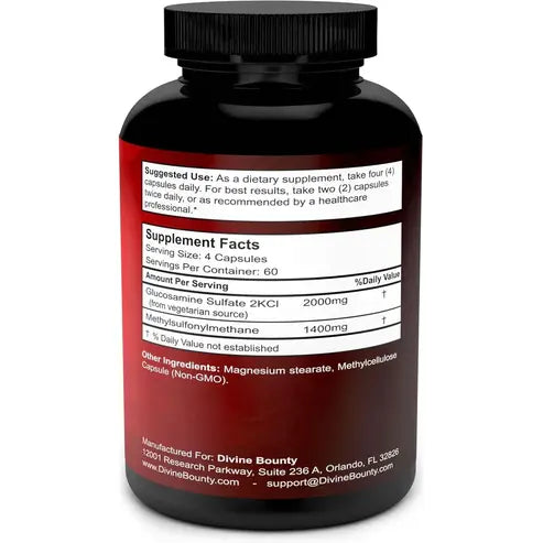 Divine Bounty Glucosamine Sulfate Supplement (2000mg per Serving) with MSM - 240 Small Vegetarian Capsules - No Shellfish, GMO's or Harmful Additives