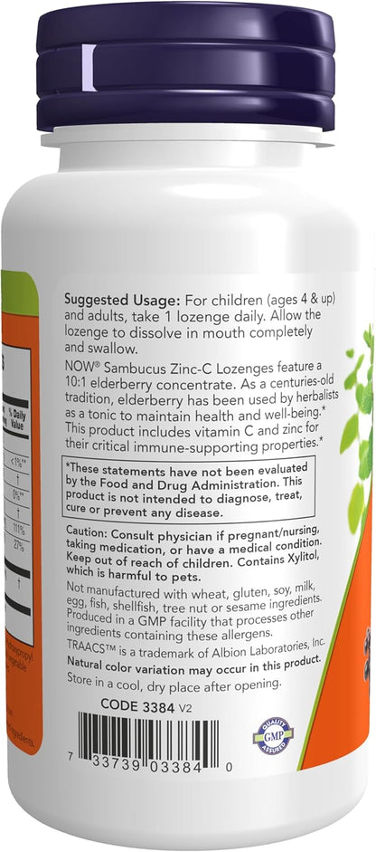 NOW Foods Supplements, Sambucus Zinc-C with Elderberry 60 Lozenges