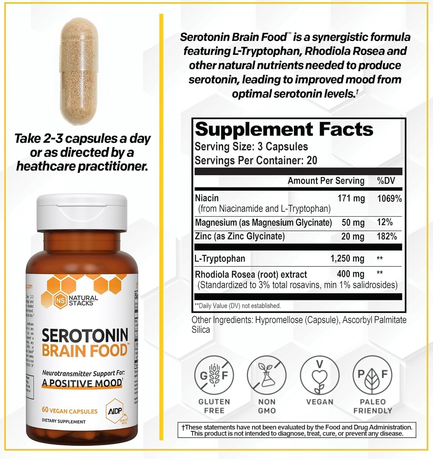 NATURAL STACKS Serotonin w/L Tryptophan & Rholiola - Mood Support & Serotonin Supplement - Promotes Positive Mood, Calmness, Increased Energy - Happy Mood & Brain Support Supplement (60ct)