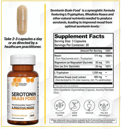 NATURAL STACKS Serotonin w/L Tryptophan & Rholiola - Mood Support & Serotonin Supplement - Promotes Positive Mood, Calmness, Increased Energy - Happy Mood & Brain Support Supplement (60ct)