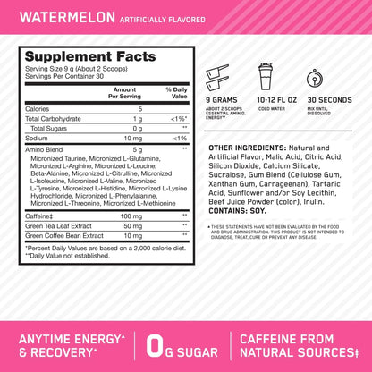 Optimum Nutrition Amino Energy - Pre Workout with Green Tea, BCAA, Amino Acids, Keto Friendly, Green Coffee Extract, Energy Powder - Watermelon, 30 Servings