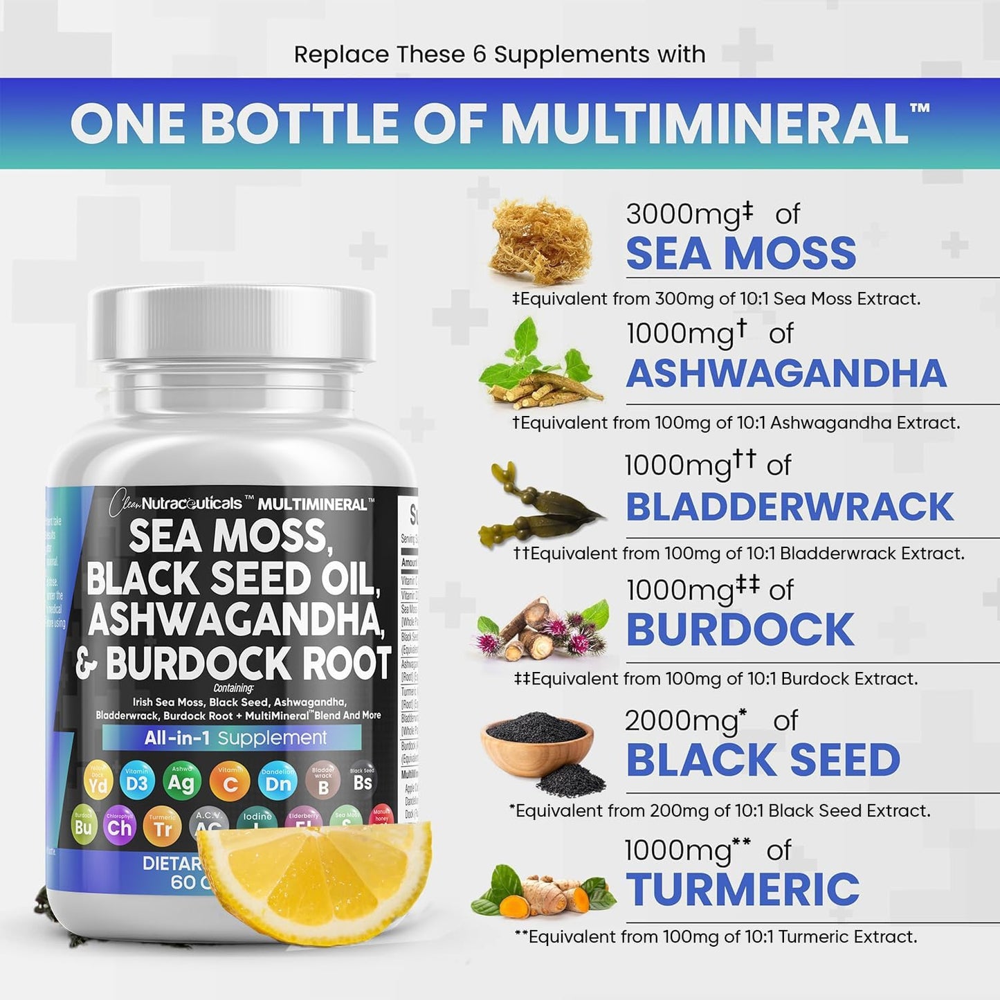 Sea Moss 3000mg Black Seed Oil 2000mg Ashwagandha 1000mg Turmeric 1000mg Bladderwrack 1000mg Burdock 1000mg & Vitamin C & D3 with Elderberry