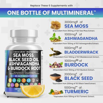 Sea Moss 3000mg Black Seed Oil 2000mg Ashwagandha 1000mg Turmeric 1000mg Bladderwrack 1000mg Burdock 1000mg & Vitamin C & D3 with Elderberry