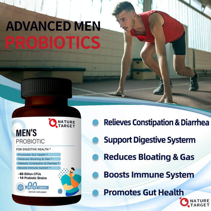 Nature Target Probiotics for Men with Men Care Supplement - 60 Billion CFUs & 14 Strains Dr. Formulated Prebiotics & Probiotics for Men's Digestive and Immune Health, Shelf Stable, Gluten & Soy Free (90 Tablets)