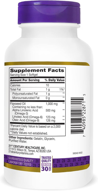 21st Century Flaxseed Oil 1000 Mg Softgels, 120-Count (22871)