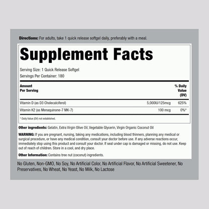 Piping Rock Vitamin K2 MK7 with D3 | 180 Capsules | 800 mcg Complex | Vitamin D3 5000 IU | Non-GMO, Gluten Free