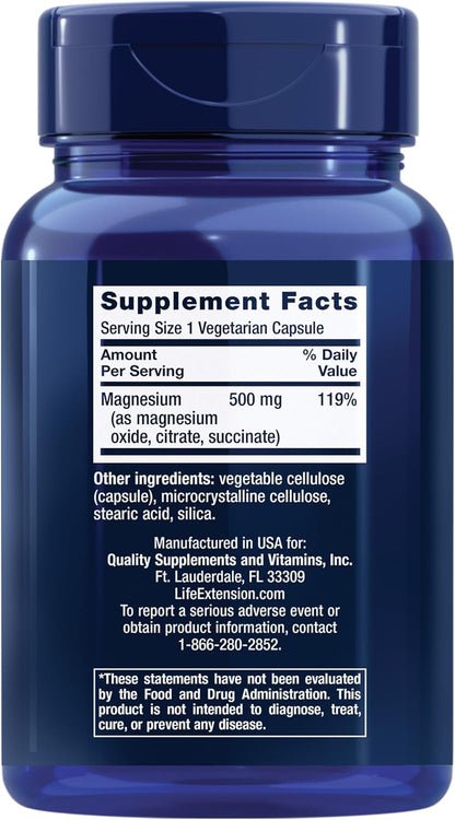 Life Extension Magnesium Caps, 500 mg, magnesium oxide, citrate, succinate, heart health, healthy bones, metabolism support, 100 vegetarian capsules