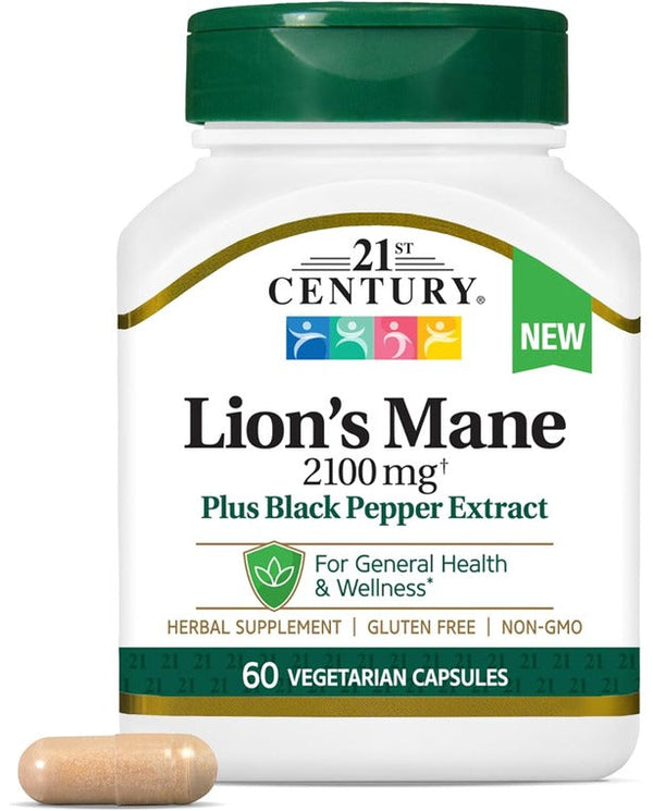 21st Century Lion's Mane 2,100 mg, Plus Black Pepper Extract, Vegetarian Capsules, 60 Count 21st Century