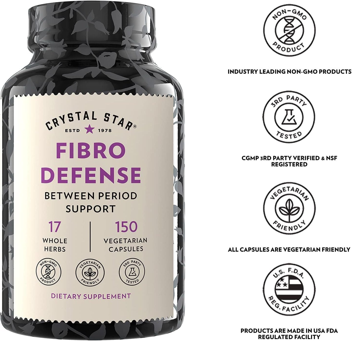 Crystal Star Fibro Defense, 150 Capsules - Breast & Uterine Health Between Periods - Natural Herbal Supplement Caps for Women - Vegetarian, Non GMO