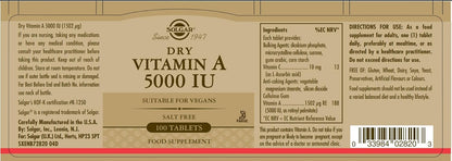 SOLGAR Dry Vitamin A 1500 mcg (5000 IU), 100 Tablets - Supports Healthy Eyes, Skin & Immune System - Non-GMO, Vegan, Gluten Free, Dairy Free, Kosher - 100 Servings