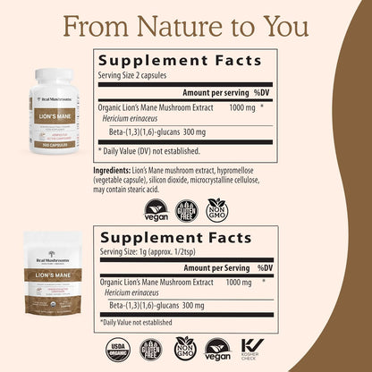 Real Mushrooms Lion’s Mane Capsules - Organic Lions Mane Mushroom Extract for Cognitive Function & Immune Support - Brain Supplements for Memory and Focus - Vegan Mushroom Supplement, 120 Caps