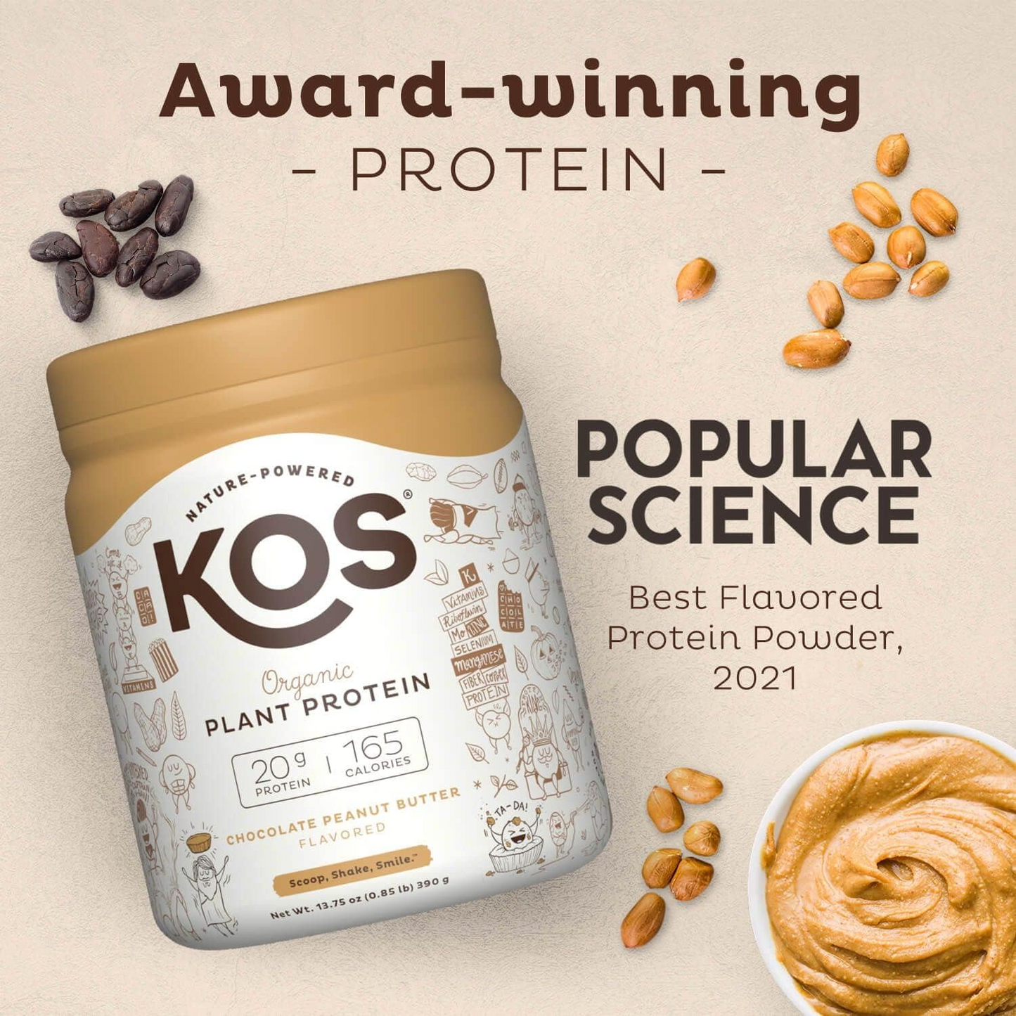 KOS Vegan Protein Powder, Chocolate USDA Organic - Low Carb Pea Protein Blend, Plant Based Superfood with Vitamins & Minerals - Keto, Soy, Gluten Free - Meal Replacement for Women & Men - 10 Servings